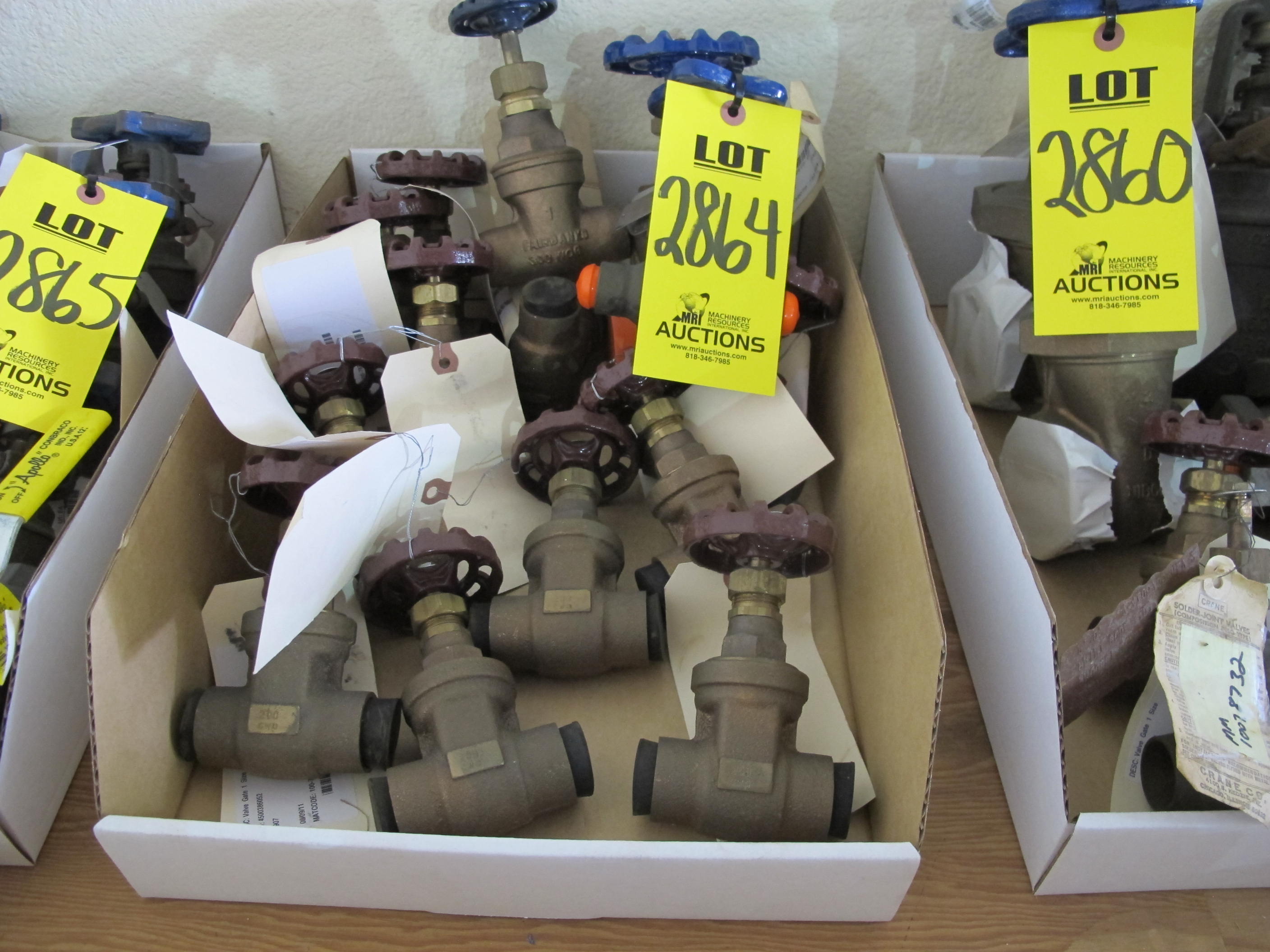 LOT (14) TO INCLUDE: (11) VALVE, GATE TYPE, 1" SIZE, 125 LB, 200 LB WOG RATING, BRONZE MATERIAL, SOLDER CONNECTIONS, SB62 SPECIFICATION, THD BONNET, WEDGE STYLE, SOLID DISC, NON-RISING STEM TRIM, 2-1/2" HANDWHEEL OPERATOR. INLINE PAINT CODE D, PART # 1320, (1) VALVE, GATE TYPE, 1" SIZE, 125 LB RATING, BRONZE MATERIAL, SOLDER CONNECTIONS, SB62 SPECIFICATION, THD BONNET, WEDGE STYLE, SOLID DISC, NON-RISING STEM TRIM. USE 195-01162, PART # 280, (1) VALVE, GLOBE TYPE, 3/4" SIZE, 300 LB WOG RATING, BRONZE MATERIAL, SOLDER CONNECTIONS, SB61 SPECIFICATION, UNION BONNET STYLE, BRONZE, RENEWABLE DISC TRIM, HANDWHEEL OPERATOR. RISING STEM PAINT CODE N, PART # S-235-Y 3/4, (1) VALVE, GATE TYPE, 2" SIZE, 125 LB RATING, BRONZE MATERIAL, SOLDER CONNECTIONS, B-62 SPECIFICATION, NON-RISING STEM STYLE, BRONZE TRIM, ARAMID FIBERS/GRAPHITE SOFTGOODS, HANDWHEEL OPERATOR. MASTER VALVE #255,PROJECT CLASS R, PART # S-113-2" (W-51) LOADING & HANDLING FEE $5-